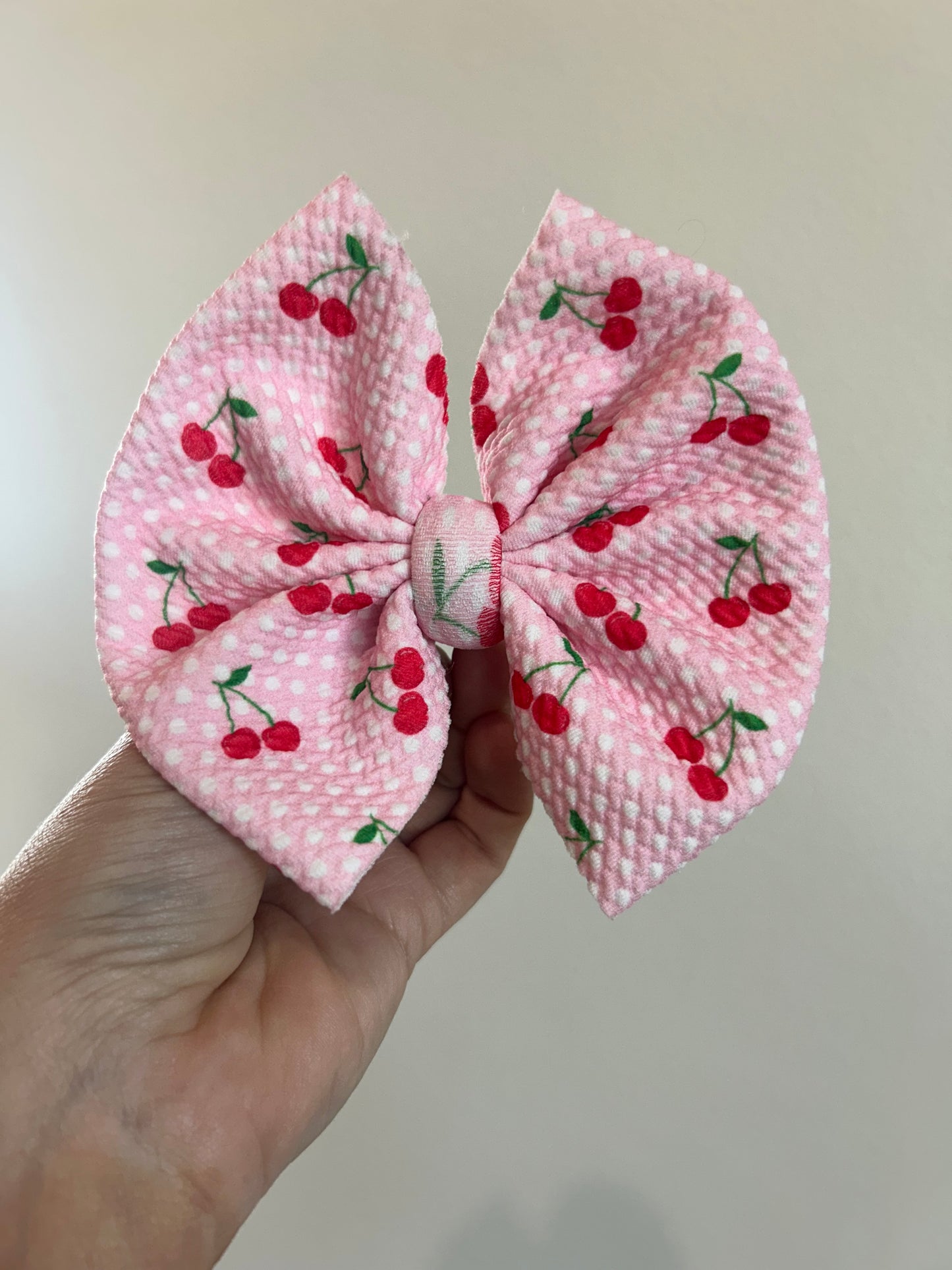 BIG CLIP BOW - PINK/WHITE DOTS W/ CHERRIES