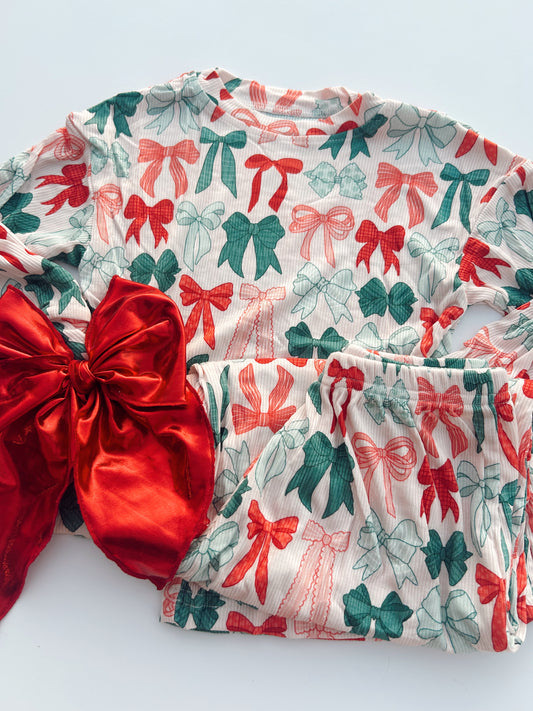 LOUNGE SET - RIBBED BAMBOO - RED, GREEN. PINK BOWS