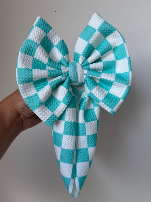 BABY REGULAR BOW- TURQUOISE/WHITE CHECKERED