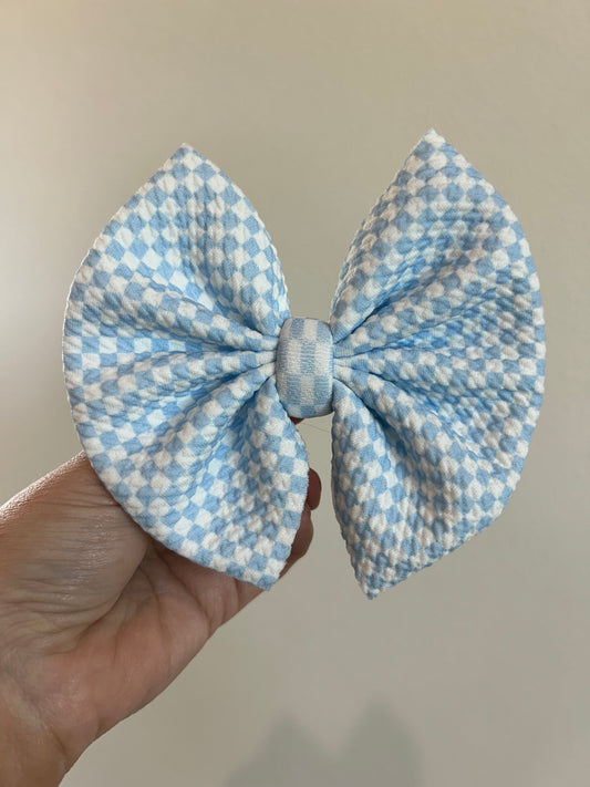 BIG CLIP BOW - BLUE/WHITE TINY CHECKERED