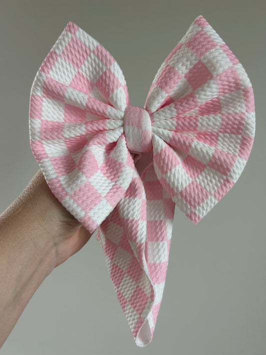 READY TO SHIP - BABY REGULAR BOW WRAP - CHECKERED PINK/WHITE