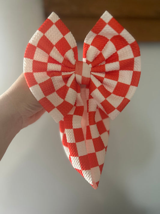 BOW -ORANGISH RED / WHITE CHECKERED