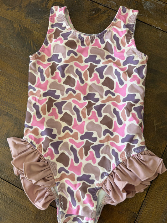 PINK CAMO RUFFLE SWIM