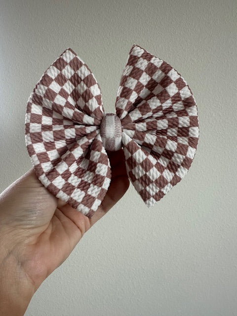 BIG CLIP BOW - TAN/WHITE CHECKERED